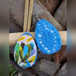 Oval Knit Earrings Blue Hand Dyed Yarn Colorful Cotton